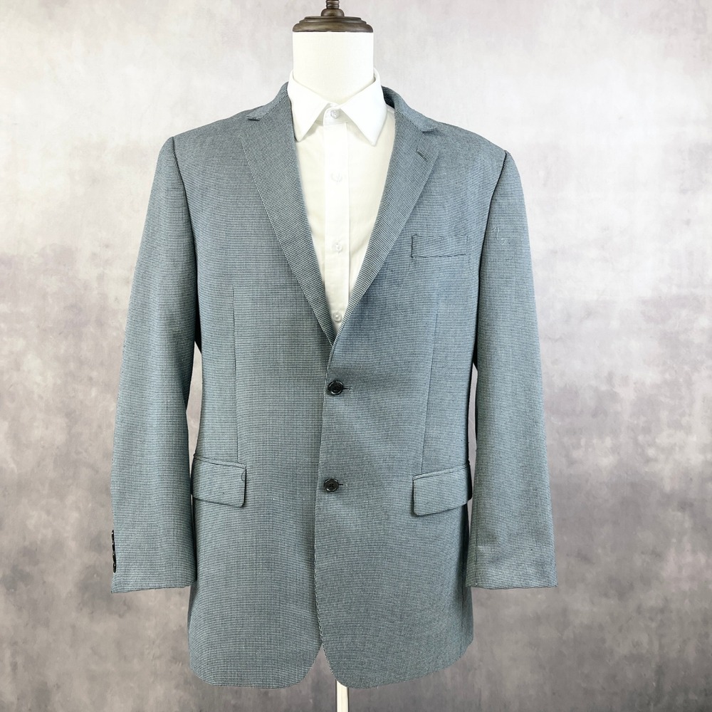 IZOD Mens Sport Coat Blazer Jacket Size 42L Blue Houndstooth Preppy Smart Casual